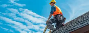 a professional roofer in safety gear inspects a modern suburban roof under a clear blue sky, with detailed tools and equipment organized on a nearby ladder, illustrating the precision and expertise of roof inspection services.