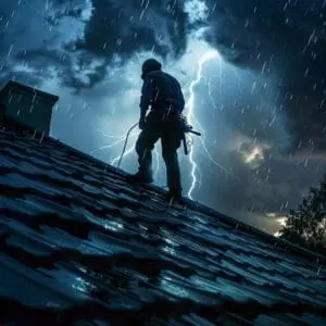 Emergency roofing contractor inspecting a roof during a storm at night