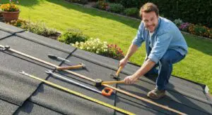 Homeowner inspecting roof with tools, emphasizing DIY roof maintenance techniques