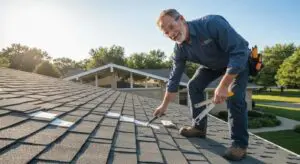 Professional roofing contractor inspecting a residential roof in Bloomfield Hills, Michigan