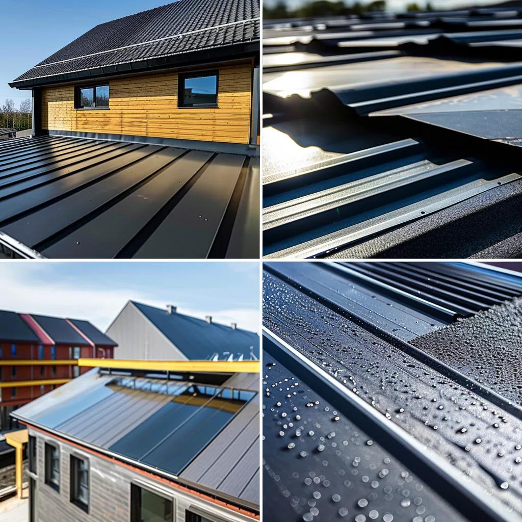 Different types of commercial roofing systems including single-ply membranes, built-up roofing, and metal roofing showcased on commercial buildings