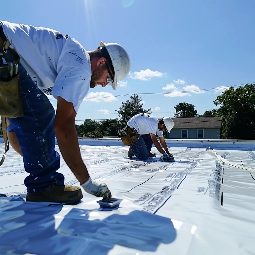 Two workers applying roofing material on a commercial roof under a clear blue sky, showcasing expert roofing services in Bloomfield Hills.